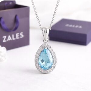 Zales Blue Topaz & Diamond Halo Teardrop Necklace Sterling Silver/Gift Box